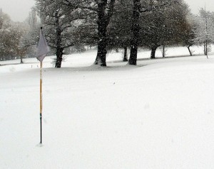 Winter golfers play with purple balls.